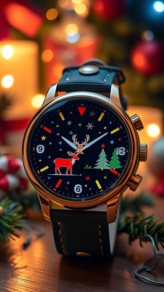 A cute Christmas wallpaper watch with festive designs of snowflakes and reindeer on a holiday-themed background.